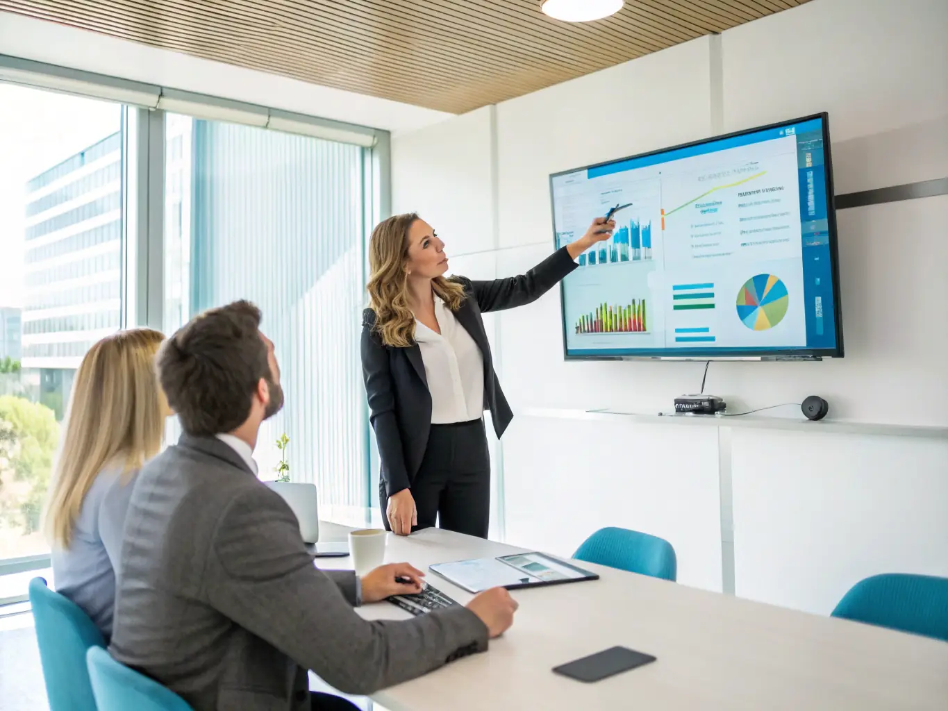 A professional giving a presentation on business strategy, with charts and graphs visible in the background, symbolizing strategic business consulting.