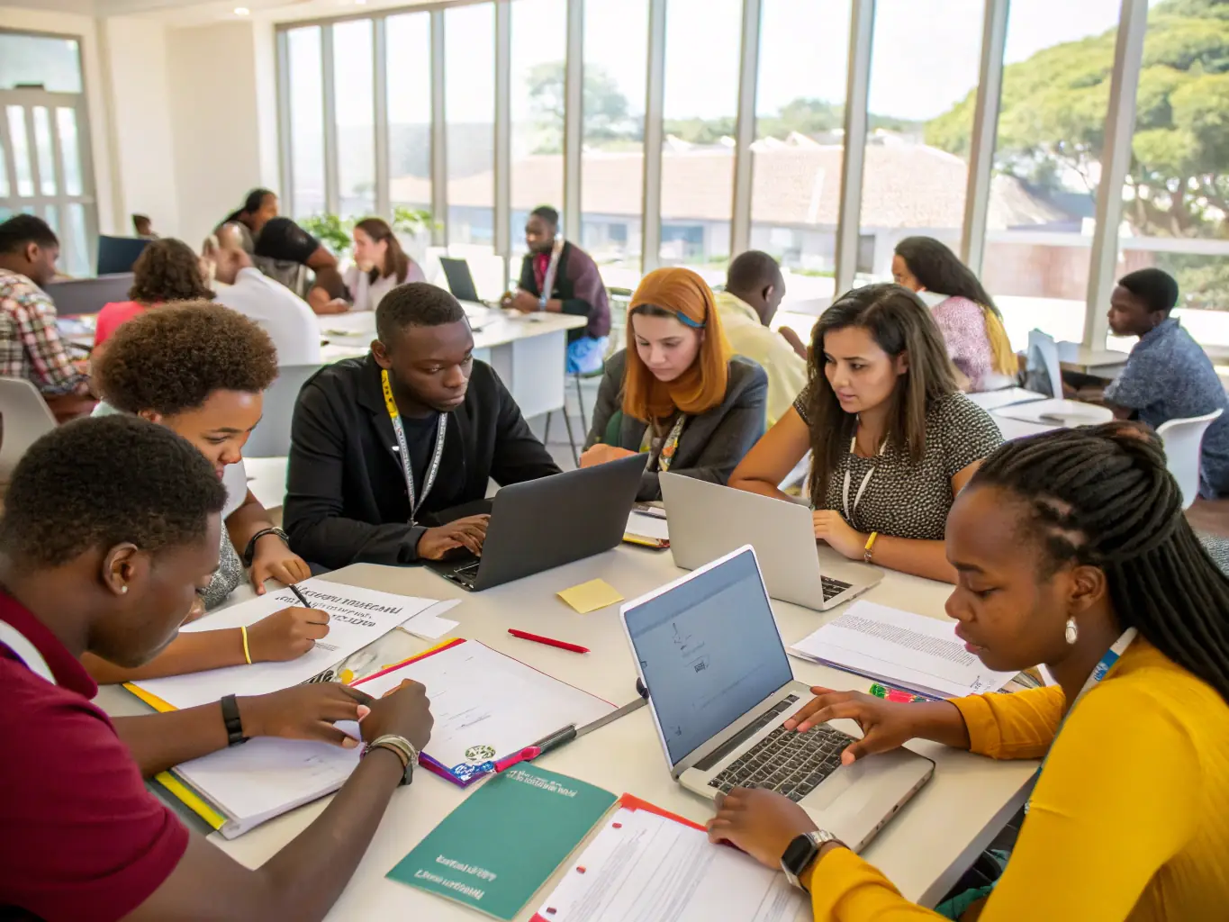 An image of a diverse group of professionals engaged in a leadership workshop, with a trainer facilitating a discussion, representing the Management Skills Development program.