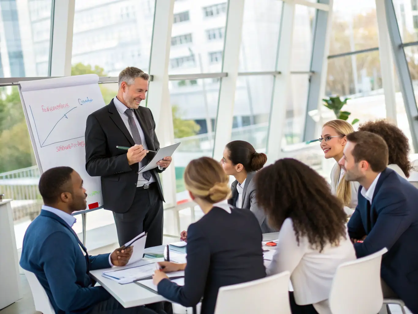 A photo of a sales team in a training session, practicing negotiation scenarios with a trainer providing feedback, representing the Sales Training Program.