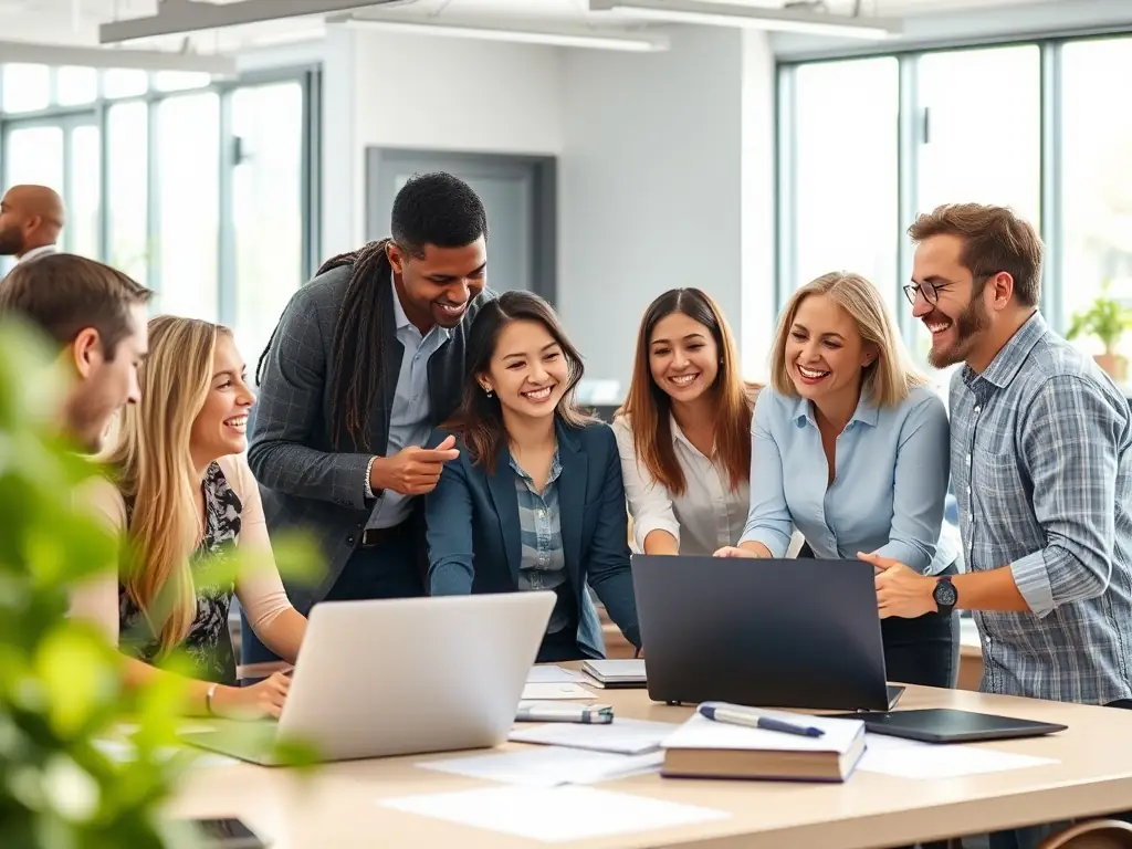 A diverse group of professionals actively participating in a management skills workshop, engaging in a team-building exercise with enthusiasm and collaboration in a modern office setting.