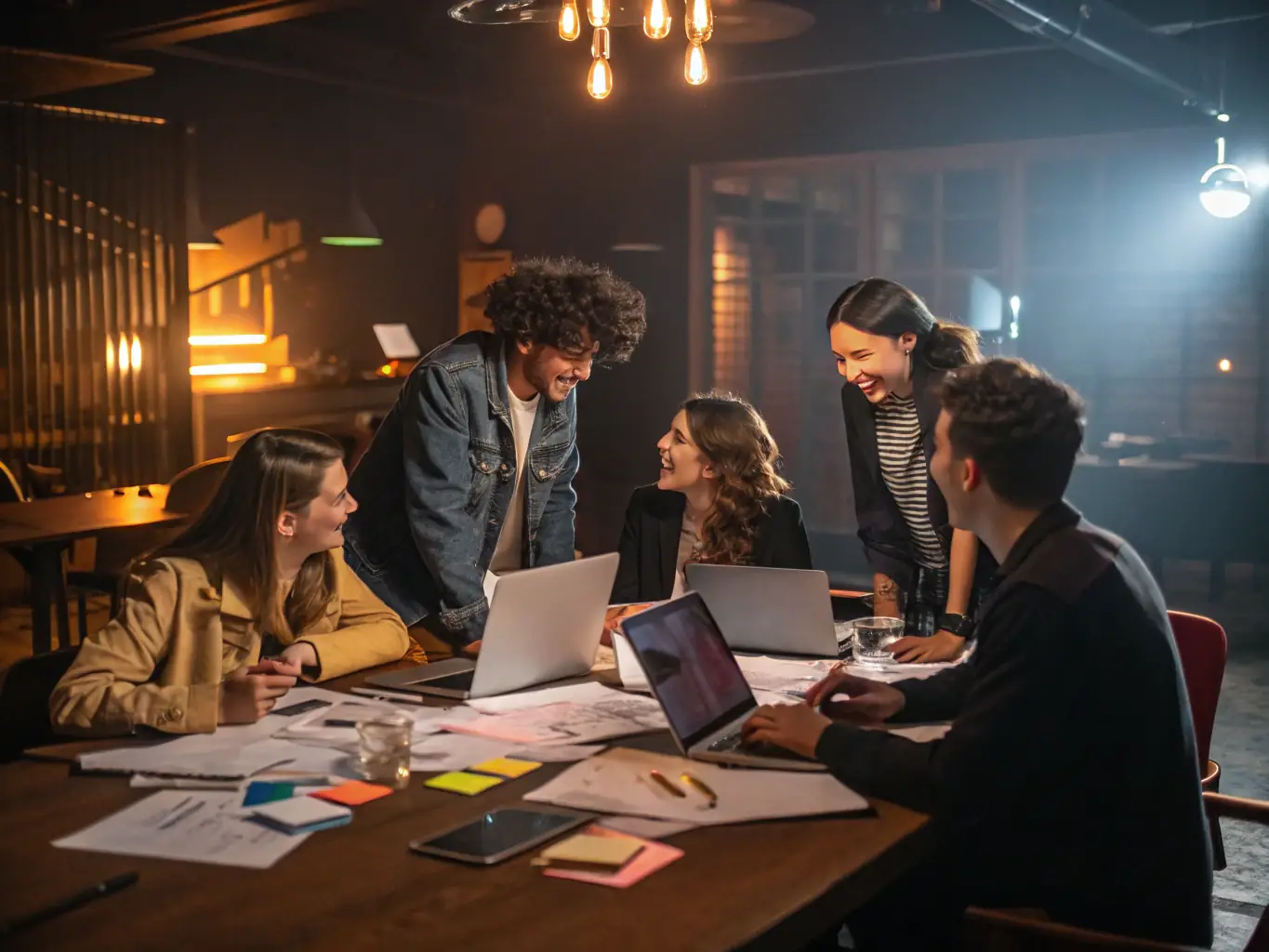 A diverse group of professionals actively participating in a management skills workshop, engaging in a team-building exercise with enthusiasm and collaboration, set in a modern office environment in London.