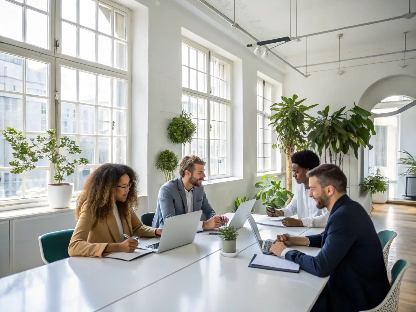 A diverse group of professionals actively participating in a management skills workshop, engaging in a team-building exercise with enthusiasm and collaboration.