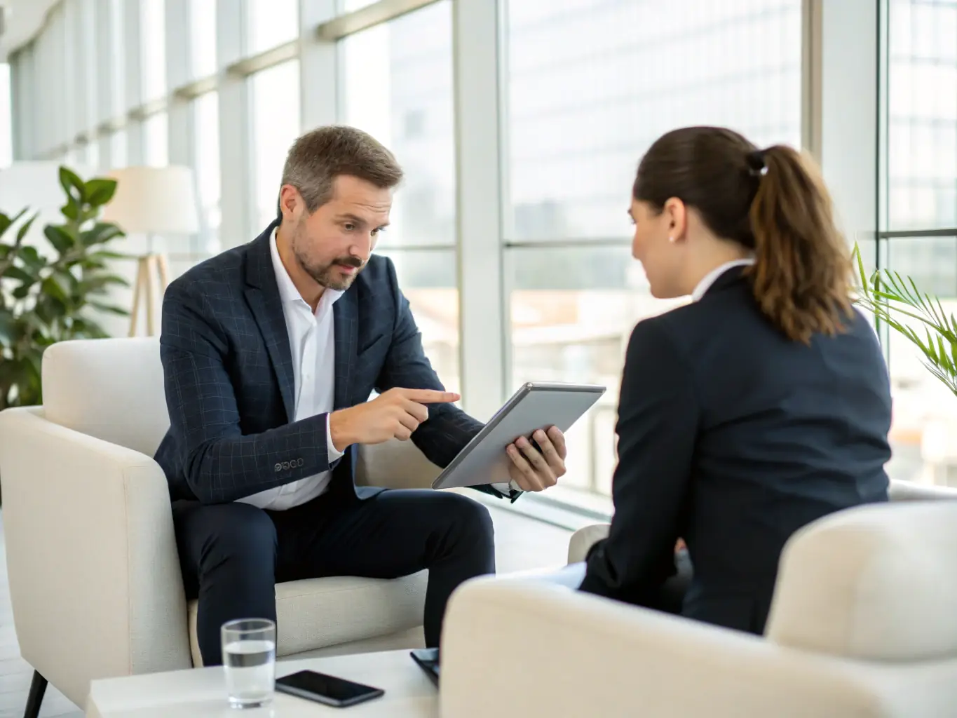 A professional business coach providing personalized guidance to a client during a one-on-one coaching session, focusing on strategic planning and leadership development, with a supportive and encouraging atmosphere.