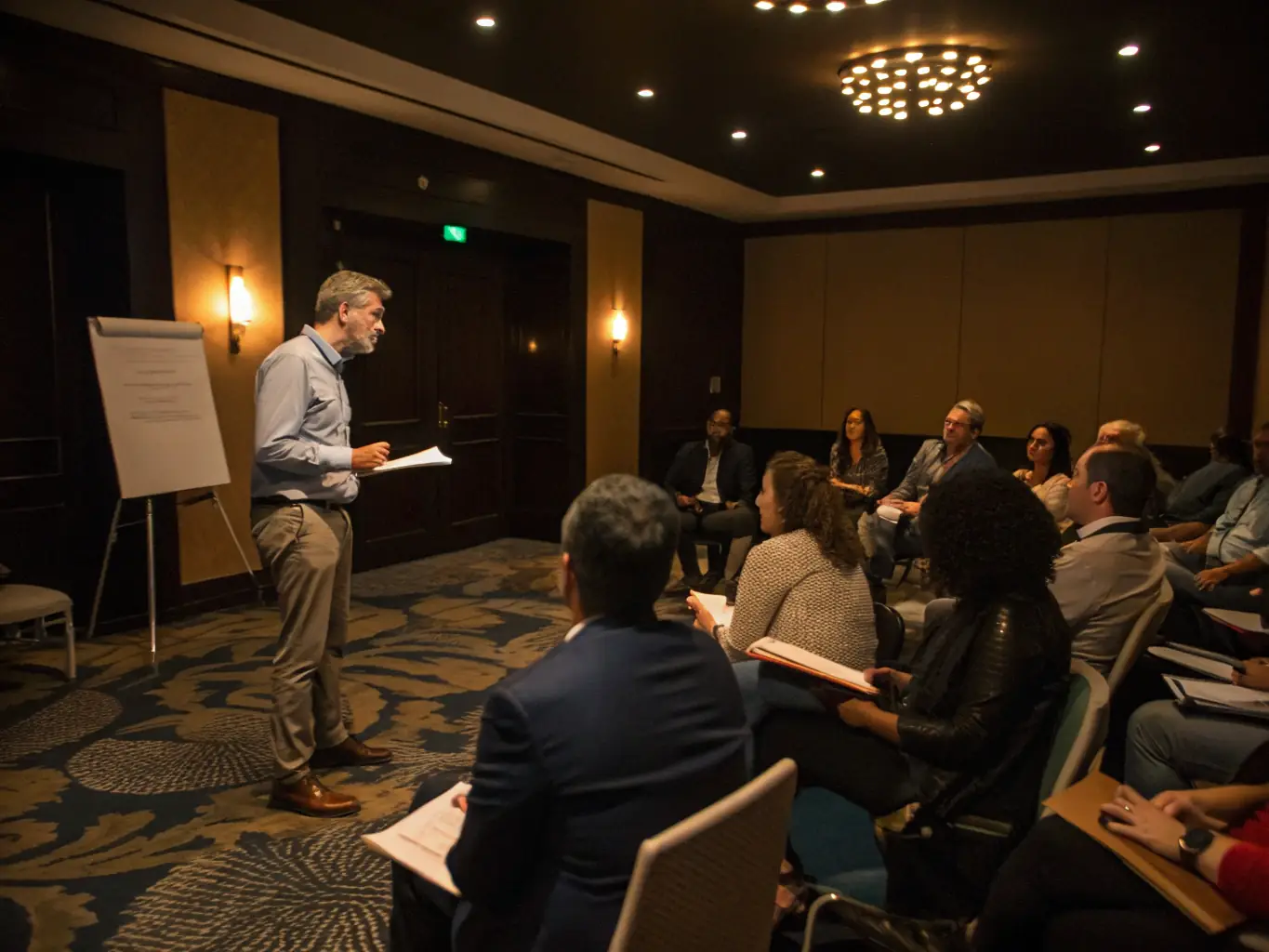A business coach facilitating a training session, guiding participants through a strategic planning exercise with visual aids and interactive discussions in a well-equipped training room.