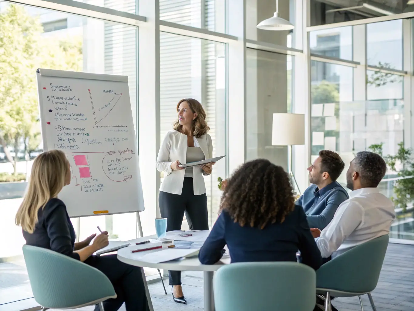 A business coach facilitating a workshop on effective communication and collaboration, guiding participants through interactive exercises and providing personalized feedback, set in a co-working space in Birmingham.