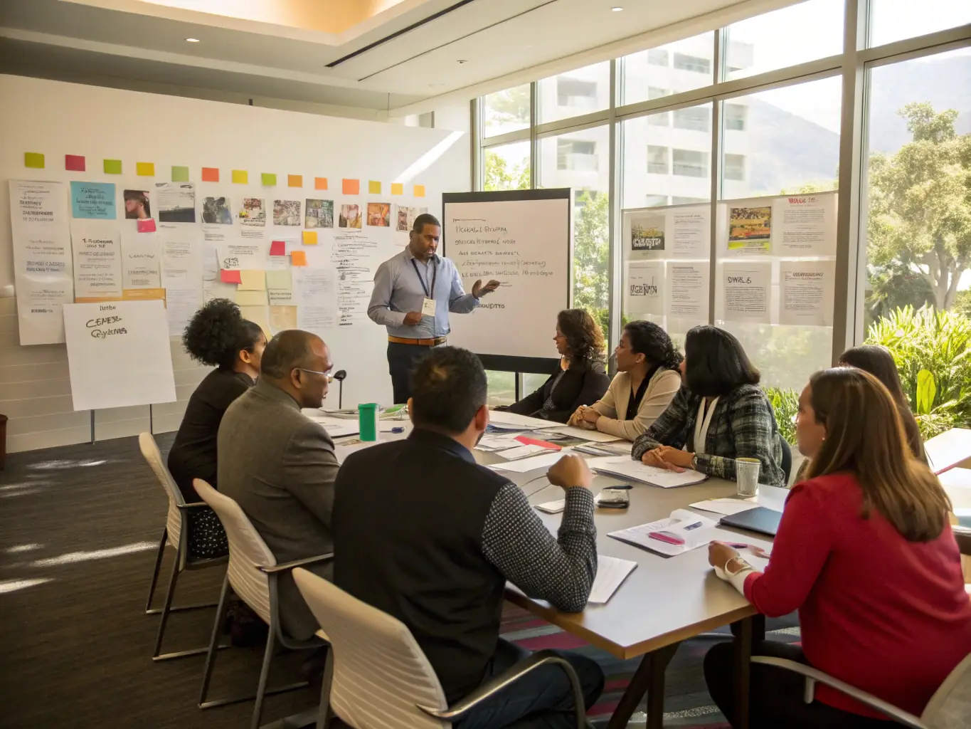 A diverse group of business professionals actively participating in a dynamic workshop session, focused on enhancing their management skills, with a facilitator guiding them through interactive exercises and discussions.