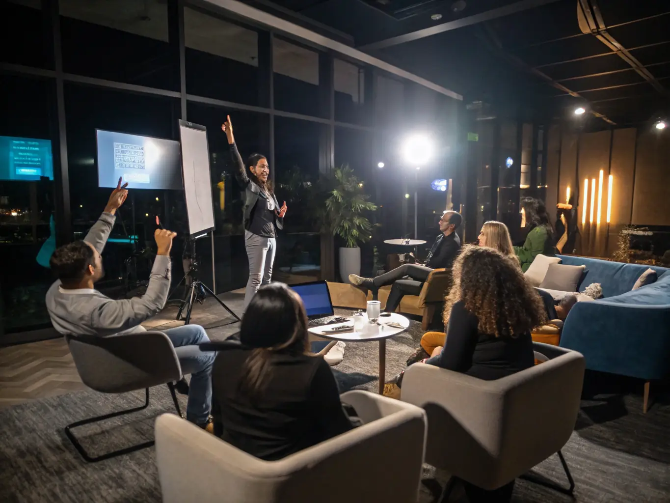 A dynamic sales team participating in a sales training session, practicing their pitch and negotiation skills with a focus on customer engagement, set in a training room in Manchester.